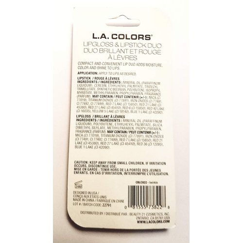 LA Colors Lip Gloss & Lipstick Duo, Moisturizes lips with natural color & high Shine, BLC822 Twinkle