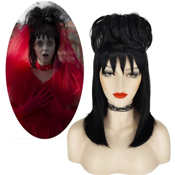 Juziviee Long Black Hair Wig With Necklace Cute Natural Soft Hair with Wig Caps Colored Wigs for Party Costume JZ020BK