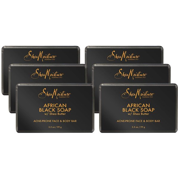 SheaMoisture African Black Soap with Shea Butter, Skin Care, Acne Prone Skin, African Black Soap Face Wash, Shea Moisture Soap, Authentic African Black Soap Bar for Face and Body (6 Pack – 3.5 Oz Ea)
