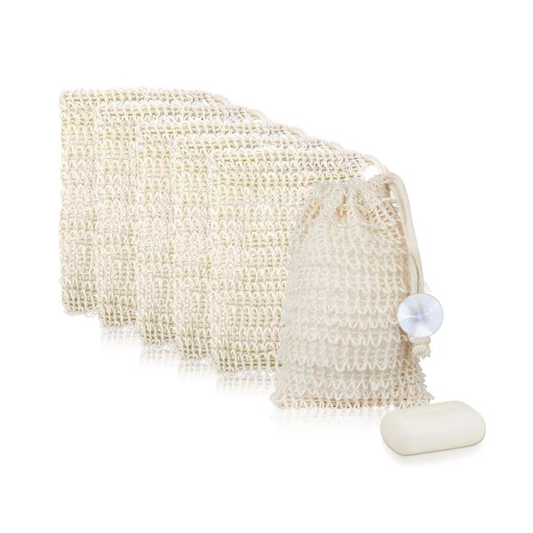Feelorna Soap Saver Bag, Soap Bag Soft for Shower, Exfoliating Mesh Soap Saver Pouch Bag for Facial Body Cleansing Foaming (3.5''x5.5'', Beige with suction cups)