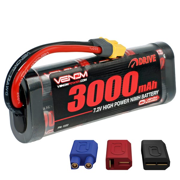 Venom Drive Series 6S - 3000mAh 7.2V NiMH Battery Flat - Universal 2.0 Plug, Nickel Metal Hydride 6 Cell - Silicone Connector & Compatible w/ XT60, Traxxas, Deans, EC3, 2WD, 4WD, Truck & Buggies