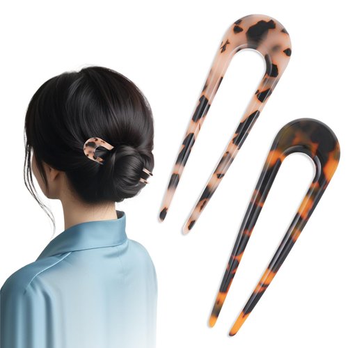 2 Pack French Hair Forks French Twist Stick Hair Fork Tortoise Shell U Shaped Hair Pins,4 Inch Classic Cellulose Acetate 2 Prong Bun Hair Sticks for Buns Flexible Vintage Styling Hair Accessories