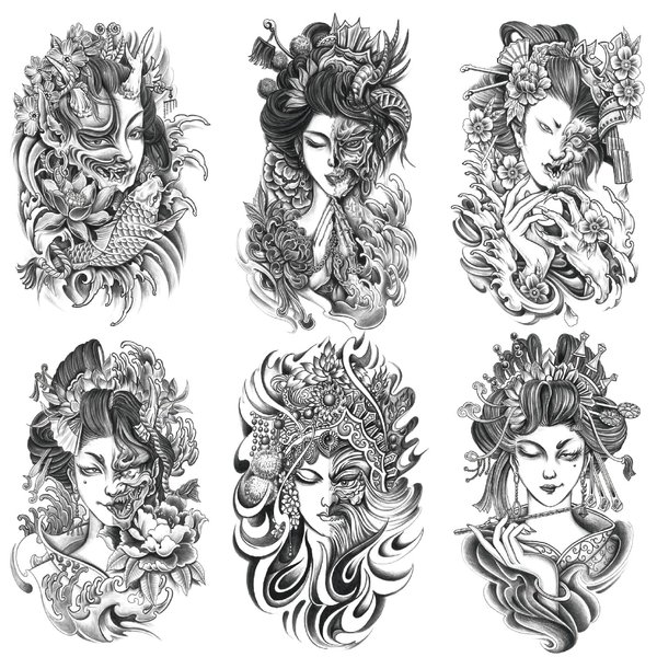 Oottati 6 Sheets Arm Waterproof Temporary Tattoos Geisha Women Half Devil Prajna Koi Carp Lotus Flower