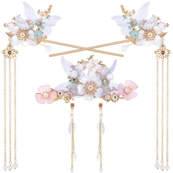 HINZIC 5PCS Bluebell Tassels Hairpin, Crystal Rhinestone Pearl Hair Clips Headpiece Retro Flower Chinese Hanfu Wedding Brides Hair Accessories Jewelry for Women Girls Updo Long Hair