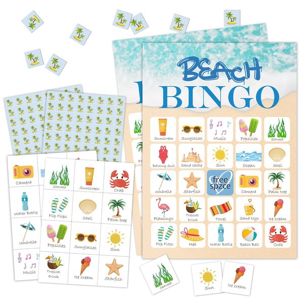 RLCNOT Beach Bingo Game, 24 Players Bingo Game, for Teenager Summer Beach Party Bridal Shower Birthday Party, Hiking, Trip Family Holiday Party, Reception Activity Supplies - 009