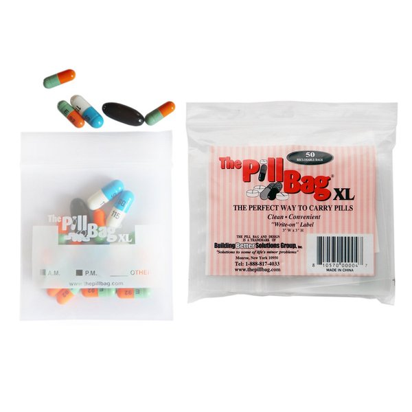 The Pill Bag | Medicine Pill Organizer with Labels for AM/PM | Resealable Disposable Pill Pouches for Medicine, Vitamins, Gummies | Plastic Pill Bags for Travel | XL Size | 50 Count