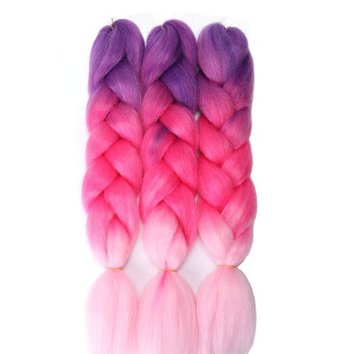 Imierfa Kanekalon Ombre Braiding Hair, 3Tone Braiding Hair Extensions Feed in Hair for Braids, 3Pack Kanekalon Braiding Hair for Twist Braids Color Purple Peach Red Pink 24" 3PCS