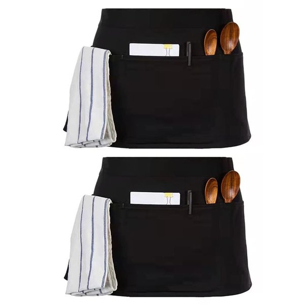 LRUUIDDE Server Aprons with 3 Pockets, Black Server Waist Aprons, Waitress Half Apron,Waterdrop Resistant Waitress Apron (Black-2 Pack)