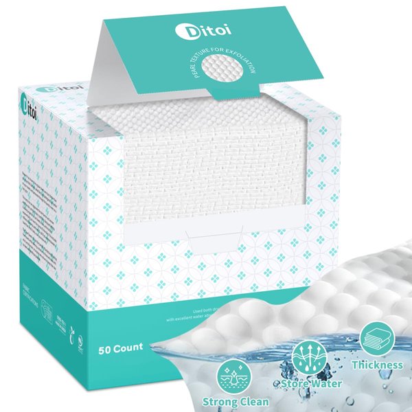 Ditoi Ditoi Face Towels, 10"×12" Disposable Face Towel, Ultra Thick Gentle Exfoliation Face Towelettes, Biodegradable Makeup Remover Dry Wipes, 50 Count