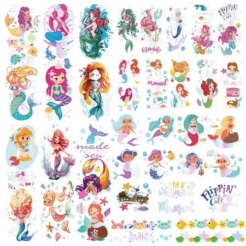 24sheets Mermaid Full Arm Women Temporary Tattoos Shoulder Bronzing Groovy Fake Tattoos Half Arm Golden Tats Birthday Party Supplies Sea Creatures Favors Ocean Animal Tattoos for Kids Boy Girls