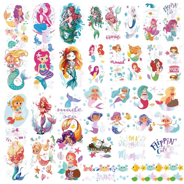 24sheets Mermaid Full Arm Women Temporary Tattoos Shoulder Bronzing Groovy Fake Tattoos Half Arm Golden Tats Birthday Party Supplies Sea Creatures Favors Ocean Animal Tattoos for Kids Boy Girls