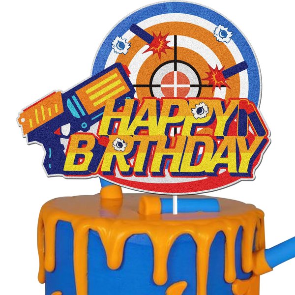 Dart War Happy Birthday Cake Topper Gun Target Bullet Dart War Cake Decoration Gun Shooting Themed Birthday Party Supplies for Boys Girls Kids