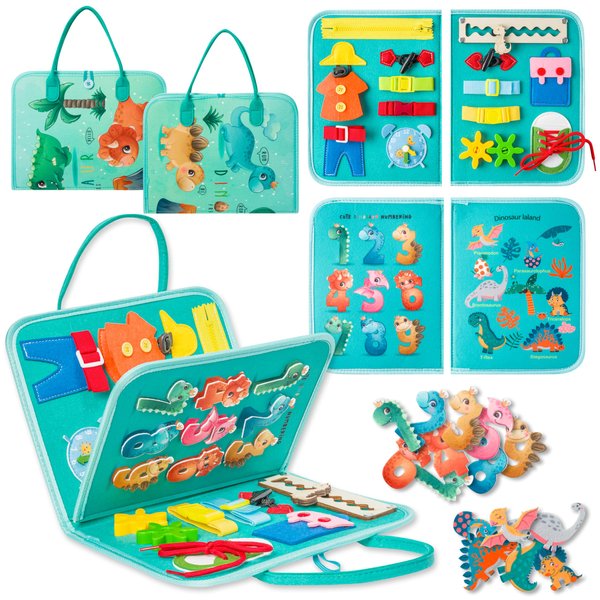 GQIRIL Toddlers Busy Board Montessori - Felt Busy Book Sensory Travel Activities Toys, Dinosaur Learning Fine Motor Skills Educational Toy for Plane Car Trip Boy Girl Ages 1-3 Birthday Gift Preschool