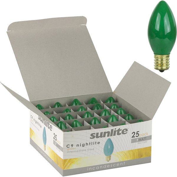 Sunlite 01295-SU Incandescent C9 Colored Bulbs, Holiday Decorative Bulb 7 Watts, E17 Intermediate Base, Christmas-Lights Nightlight, Title 20 Approved, Green, 25 Count