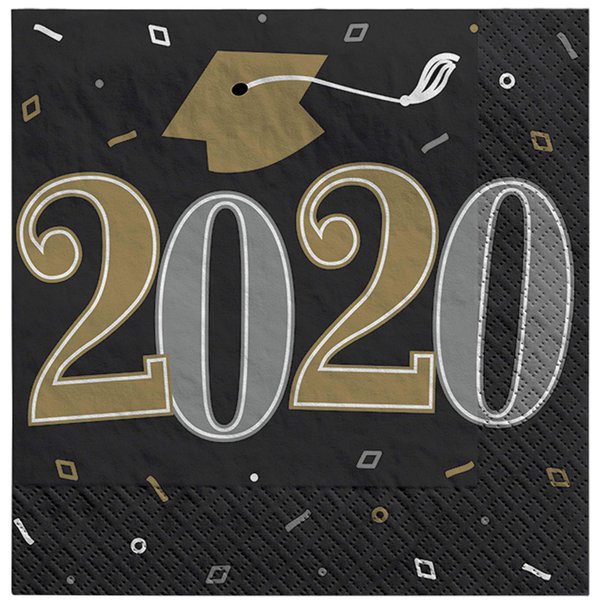 Amscan 2020 Grad Paper Beverage Paper Napkins, Black, Silver and Gold, 36 pc