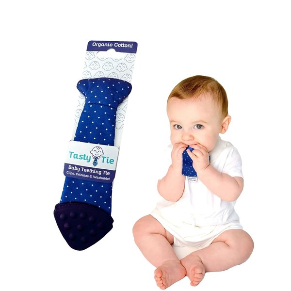 Tasty Tie Teething Tie, 3-in-1 Clip-on Baby Tie Crinkle Toy & Silicone Teether for 3-6-9-12-18 Month Babies | GOTS Certified Organic Cotton | Unique Baby Boy Gift or Stocking Stuffer, Polka Dot Style