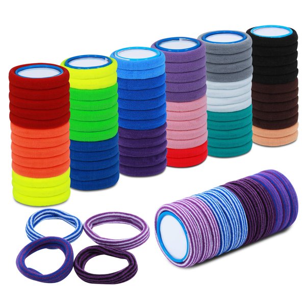 100 pack colorful hair bands in 16 color and 4 beautiful patterns. Ponytail holders for kids are elastic, comfortable and easy to use