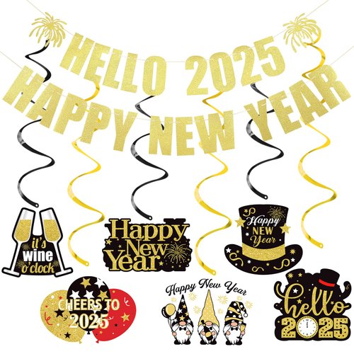 Gold Glitter Hello 2025 Happy New Year Banner 2025 Happy New Years Banner, New Year Eve Banner 2025 Happy Nye Banner 2025 for New Years Eve Party Supplies 2025