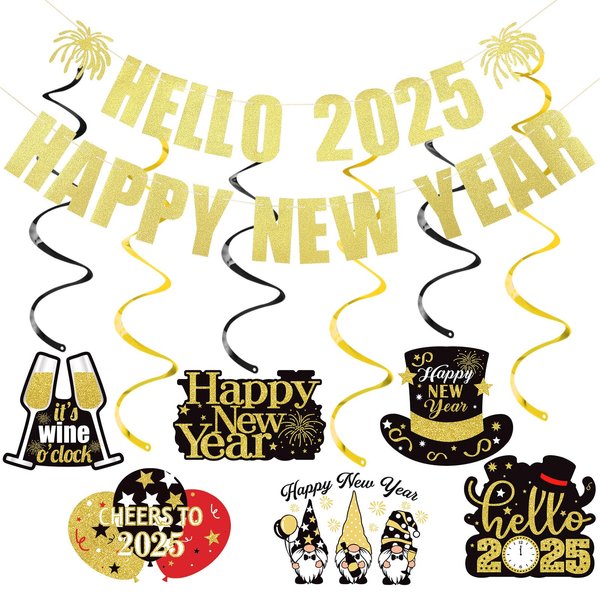 Gold Glitter Hello 2025 Happy New Year Banner 2025 Happy New Years Banner, New Year Eve Banner 2025 Happy Nye Banner 2025 for New Years Eve Party Supplies 2025