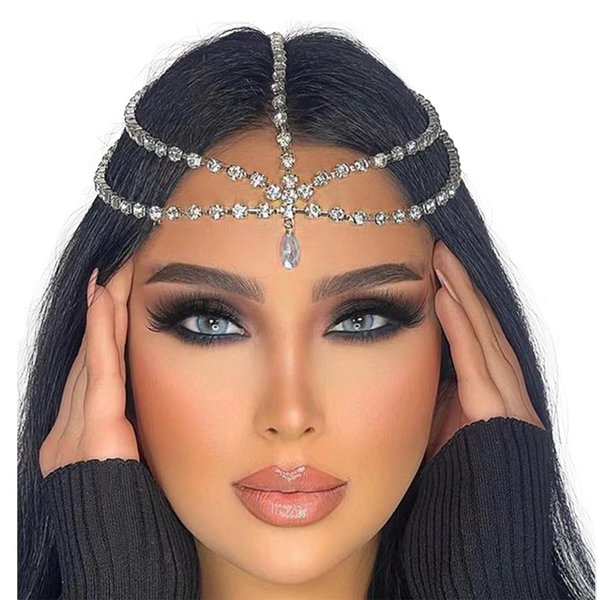 SAWINDA Rhinestone Head Chain Jewelry Silver Headpiece for Women Multiple Crystals Hair Chains Headband Forehead Band Halloween Festival Accessories Prom Wedding Headpiece for Bride
