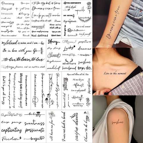 10 Sheets Realistic English Words Temporary Tattoos Stickers,100 Pcs Inspirational Quotes Words Tattoos for Women Man Adult (Herbal English Words Tattoos)570C