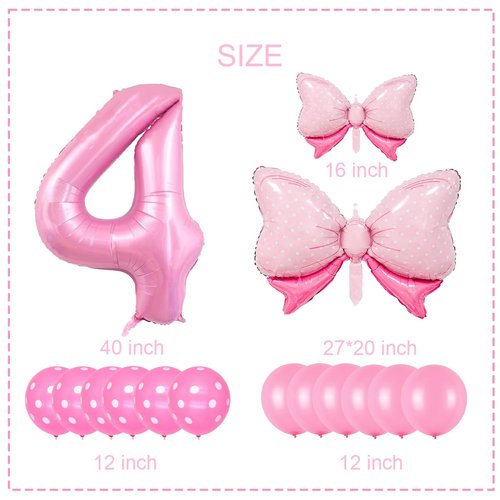 Pink Birthday Balloons, Bow Balloons Number 4 Balloons 40 Inch, 4 Balloon Number for Pink Birthday Decorations, 4th Birthday Decorations Girl