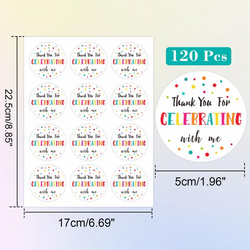 joycraft 120Pcs Thank You for Celebrating with Me Stickers, 2" Round Thank You Gift Stickers, Colorful Dots Self-Adhesive Label, Thank You Stickers for Envelope Seals, Gift Bags, Party Favor