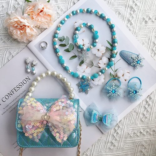 ELEMIRSA Girl Handbag Purse for Little Girls Kids Pretend Play Dress Up Necklace Hair Accessories Jewelry Set, Light Blue