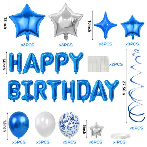 56 PCS Happy Birthday Balloons Happy Birthday Banner Silver and Black Balloons for Boys Men Girls Women 16th 18th 20th 21st 25th 30th 40th 50th 60th Birthday Party Decorations (Blue)