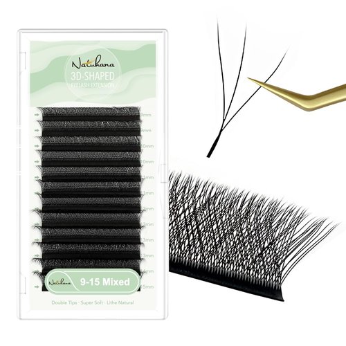 NATUHANA W Shaped Clover Eyelashes Extension 3D Premade Fans 0.07mm C Curl 9-15 Mixed Tray Volume Lash Cluster W Lashes Supplies Automatic Blooming Flower Lash Extensions (3D black ; 0.07 C,9-15 MIX)