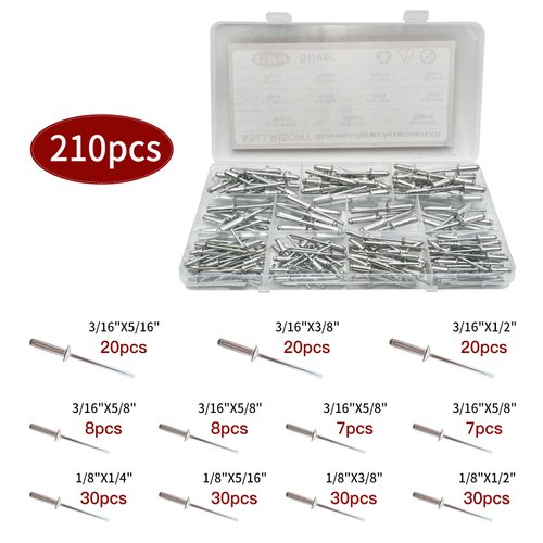 ASLLRISONY 210pcs Rivets Pop Rivets Assortment Kit, 8 Sizes Aluminum Rivets (3/16'',1/8''),Aluminum blind rivets for metal Dome Head rivet kit(Silver)