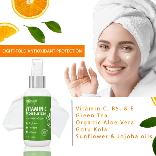 LuxeOrganix Organic Vitamin C Face Moisturizer with Anti-Aging, Brightening, and Wrinkle-Smoothing Properties.
