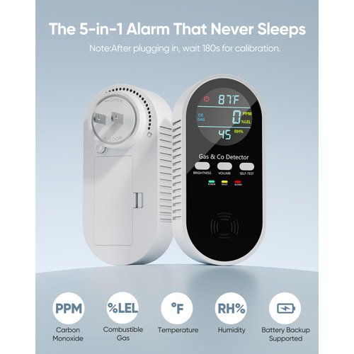 5-in-1 Carbon Monoxide Detectors, Natural Gas Leak Detector, Plug-in & Battery Backup Co Detector, HD Digital Display, CO Gas Temp Humidity Sensor, 1-Pcs, Black