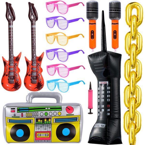YAROMO 33 Pieces 80s 90s Hip Hop Decorations, Inflatable Radio Boombox Mobile Phone Gold Foil Chain Balloons for 80s 90s Party Decorations Cosplay Props Birthdays Weddings Graduations