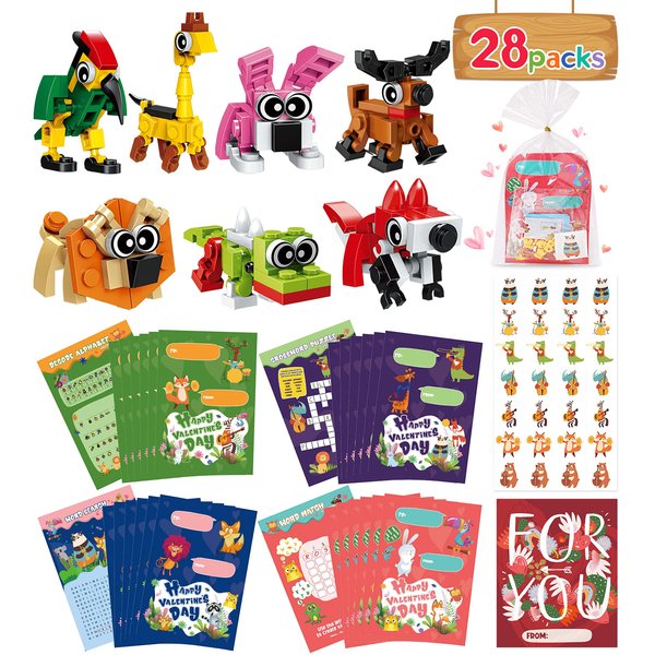 Valentines Day Gifts for Kids Classroom-28 Packs Animal Building Blocks with Kids Valentines Day Cards for School & Stickers, Class Valentines Gifts Boxes for Kids Boys Girls Party Favors Exchange