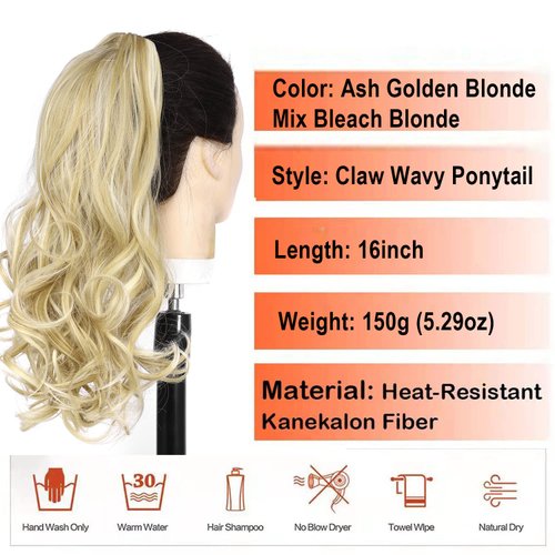 Ponytail Hair Extensions, 16Inches Long Wavy Claws Ponytail Extension Drawstring Ponytail Two Types Ponytail for Women Girls (Ash Golden Blonde Mix Bleach Blonde)