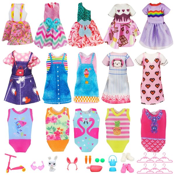 Carreuty 27 Pcs 6 Inch Doll Clothes and Accessories Include 5 Fashion Dresses 3 Swimsuit 2 Pair of Shoes 6 Hangers 1 Scooter 1 Heartglasses 1 Bunny 8 Pcs Play Set for Girls 5.3-6 Inch Doll