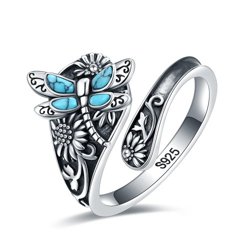 EJALEN Sterling-Silver Turquoise Dragonfly Spoon Ring - Vintage Boho Thumb Rings Oxidized Wrap Ring Victorian Style Antique Floral Jewelry Gifts for Women Girls (6#7#8#)