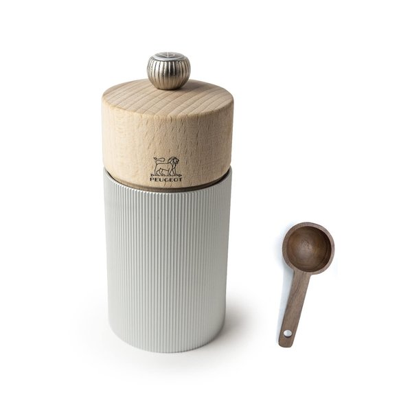 Peugeot Line Manual Salt Mill, alu, 12 cm - 4.75" Natural Wood - With Wooden Spice Scoop