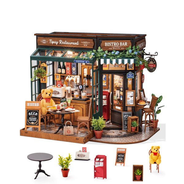 Rolife DIY Miniature House Kit for Adults, Mini Wooden Dollhouse Kit, Bakery Tiny House Diorama Building Kits-Birthday Christmas Craft Hobbies Gift for Teens Kids (Tipsy Restaurant)
