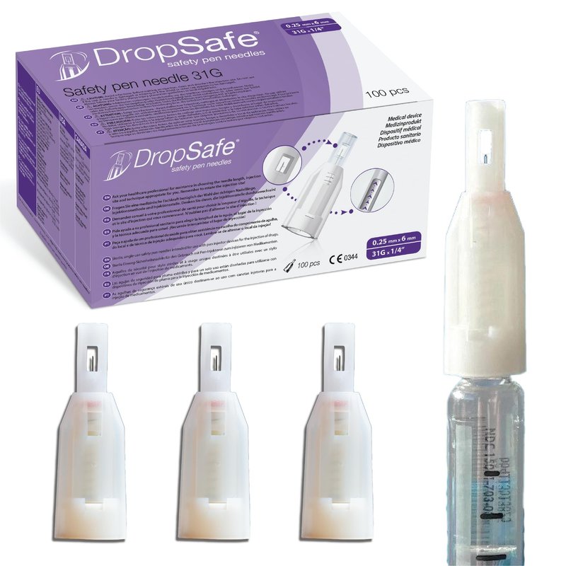 DropSafe Safety Pen Needles 31G x 6mm, 100ct Box, Sterile Needles with ...
