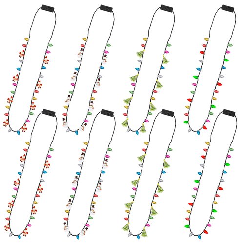 Christmas Light Necklace, 8pcs Light up Christmas Necklaces Party Favors, 4 Kinds Glow Bulb Christmas Tree Santa Candy Cane Necklaces, 3 Modes Colorful Ugly Christmas Xmas New Year Eve Party Supplies