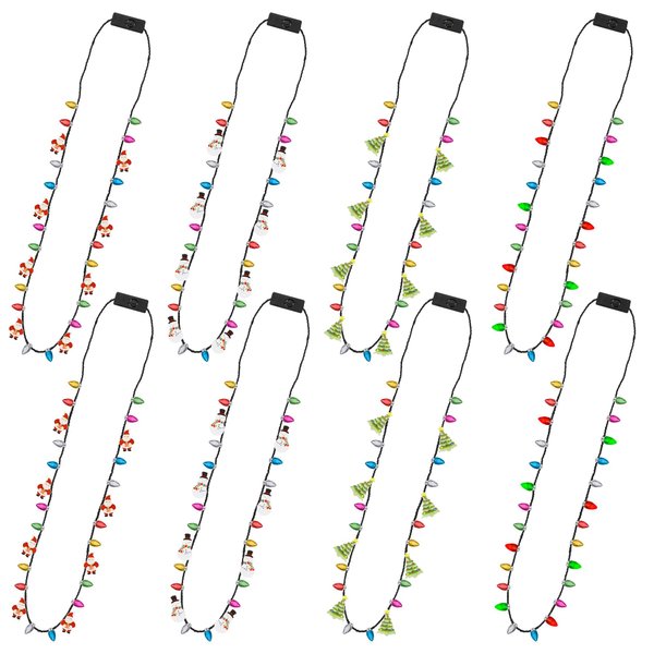 Christmas Light Necklace, 8pcs Light up Christmas Necklaces Party Favors, 4 Kinds Glow Bulb Christmas Tree Santa Candy Cane Necklaces, 3 Modes Colorful Ugly Christmas Xmas New Year Eve Party Supplies