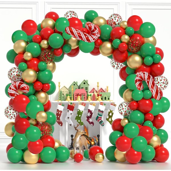 ZFUNBO Christmas Balloons Garland Arch Kit, 116 Pcs Gold Red Green Confetti Balloons with Candy Cane Foil Balloon for Christmas Party Decorations Birthday Xmas Party Supplies