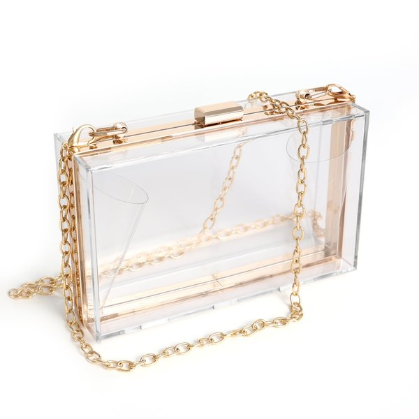 WJCD Women Clear Purse Acrylic Clear Clutch Bag, Shoulder Handbag With Removable Gold Chain Strap (Gold)