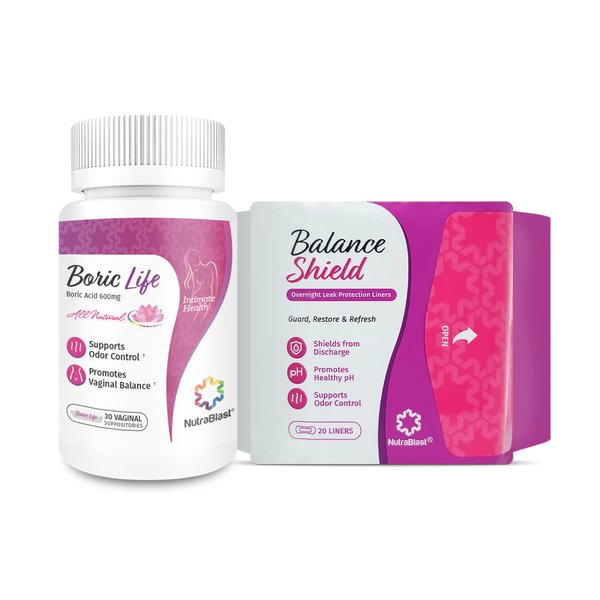 NutraBlast Boric Acid Vaginal Suppositories 600mg (30 Count) w/Balance Shield Panty Liners (180mm, 20-Pack) | Discharge & Odor-Proof Layers | Charcoal-Infused Bamboo Balancing Core