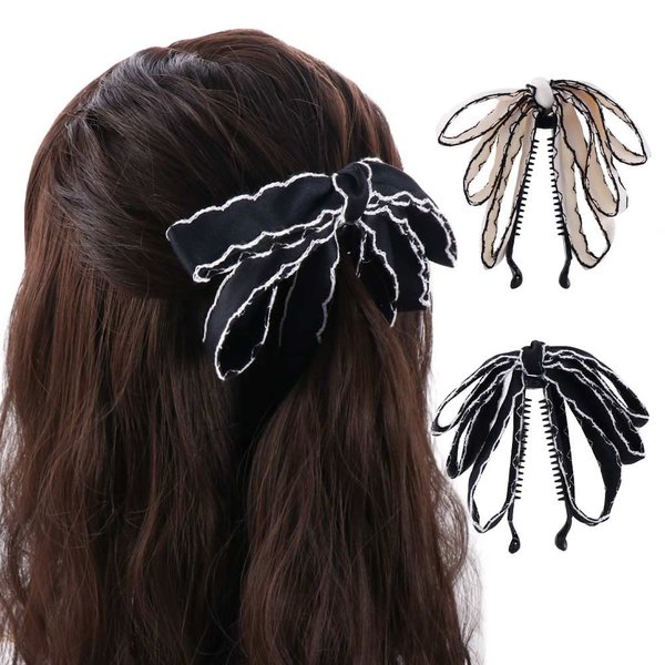 2pcs Bowknot Hair Clips for Women Girls, Chiffon Ribbon Bow Hair Clips Ponytail Holders Banana Clips Hair Accessories Birthday Christmas Gifts