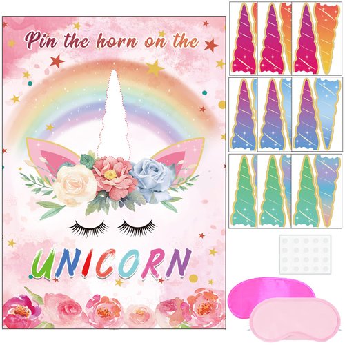 Pin The Horn on The Unicorn Game -Unicorn Party Game for Girls with 21'' x 28'' Poster, Reusable Horn Stickers Party Supplies for Kids Girls Birthday Party Favor Sets