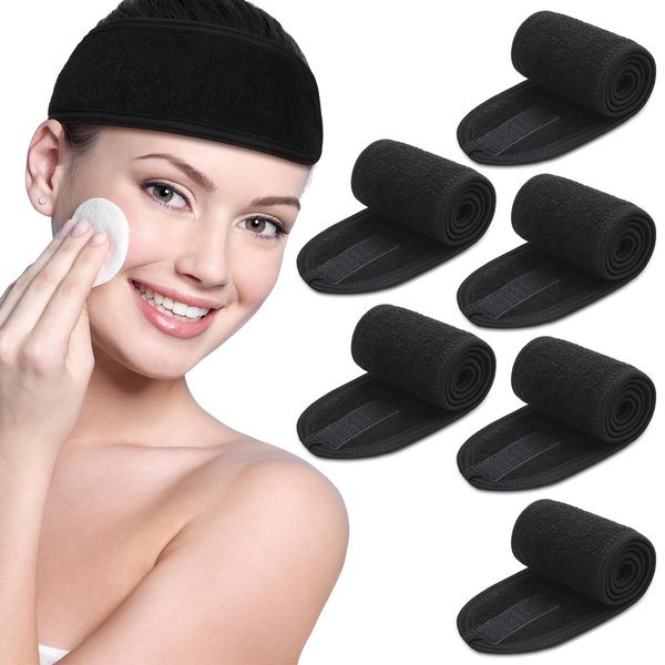 Sublaga Spa Headband Hair Wrap, Sweat Headband Head Wrap Hair Towel Wrap Non-slip Stretchable Washable Makeup Headband for Face Wash (6pcs Black)