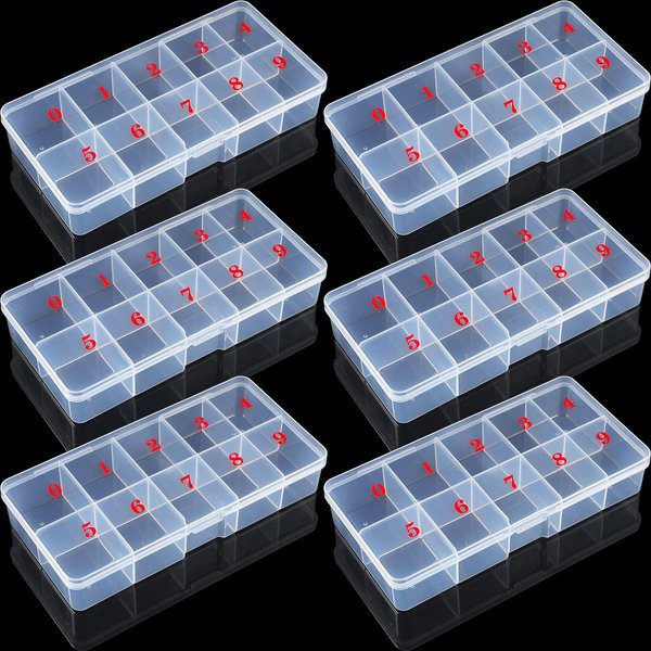 6 Pieces Nail Art Tip Storage Organizer Box with 10 Number Empty Spaces Transparent False Nail Tip Storage Case Container Clear Plastic Grid Box for Fingernail Crystal, Jewelry, Nail Accessories